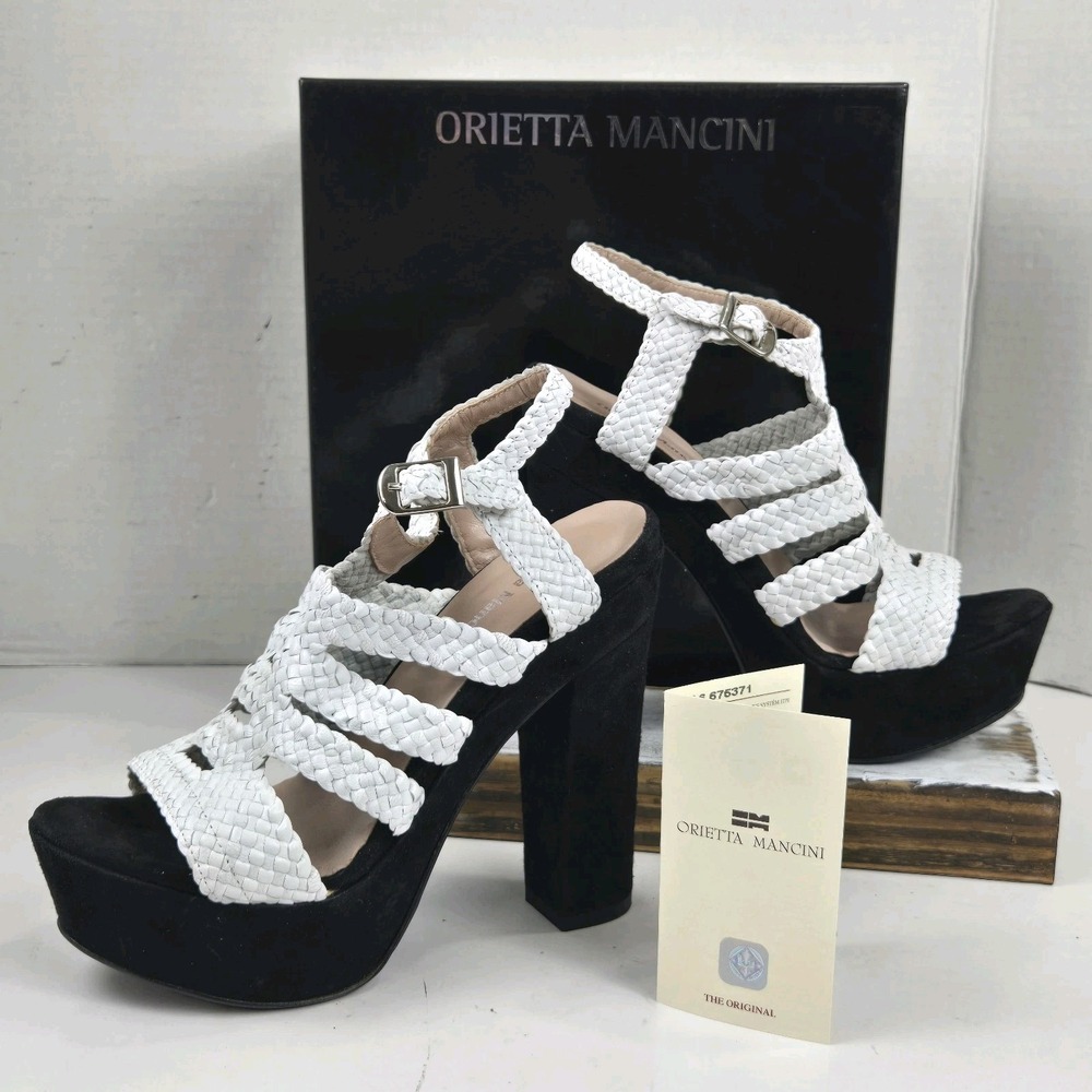 Orietta Mancini Woven Leather Luxury Italian 5" Platform Suede Heel Sandal Sz 37